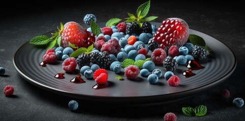 Poster - Tasty dessert with fresh blueberries and raspberries on a large gray plate. Generative AI