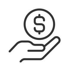 Sticker - Coin in hand pixel perfect linear icon. Giving money. Financial contribution. Lending cash. Thin line illustration. Contour symbol. Vector outline drawing. Editable stroke. Arial font used