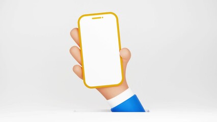 Wall Mural - hand holding mobile phone with empty screen on white background animation. cartoon hand with mobile.