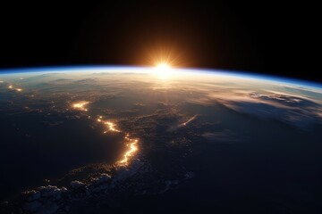 Wall Mural - sunrise above planet earth seen from space made with generated ai
