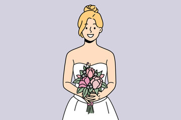 Smiling woman in wedding dress holding flowers before marriage ceremony. Happy bride in gown with bouquet enjoy celebration. Vector illustration. 