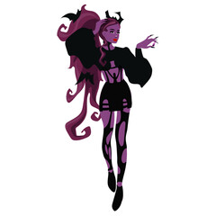 Wall Mural - A beautiful young purple witch with bats all over her body. The bat girl. Halloween costume concept. Modern vector illustration, hand-drawn. Templates of posters, stickers for the holiday