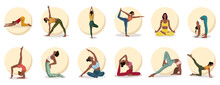 Set Of 12 Black Girls Doing Sport Exercise Fitness In Different Poses And Clothes With Pale Yellow Circle On White Background For Webs Apps Posters