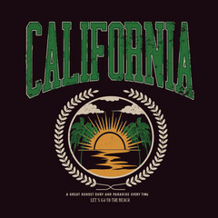 college, univarsity vibes is california sunset beach, Retro college varsity typography california slogan print, vector illustration, for t-shirt graphic.