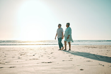 Sticker - Sunset, mockup and an old couple walking on the beach, holding hands during a romantic date together. Love, nature or bonding with a senior man and woman taking a walk on the coast during summer