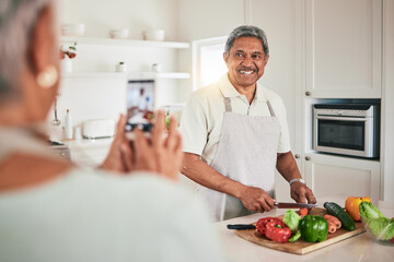 Sticker - Kitchen cooking, senior couple and phone picture of old man, husband or nutritionist person with memory photo. Vegan, vegetables or people recording web video, smile or cutting lunch food ingredients