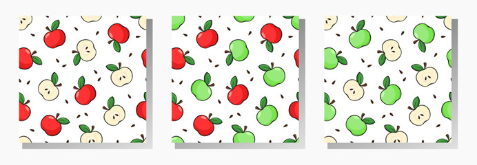 Wall Mural - Apples vector seamless patterns collection. Red and green apples, cut slices and seeds on white background. Best for textile, wallpapers, home decoration, wrapping paper, package and web design.