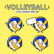 © Yevhen - Funny cute happy volleyball characters bundle set. Vector hand drawn doodle style cartoon character illustration icon design. Isolated on blue background. Volleyball ball mascot character collection