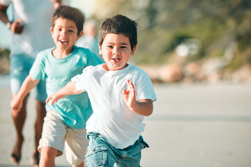 Poster - Running, playful and portrait of children at the beach for a holiday, weekend fun and bonding. Happy, freedom and boy kids at the sea in nature to run, play and be free with family on vacation