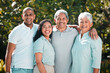 © Clayton D/peopleimages.com - Family, love or portrait with an old couple, daughter and son in law bonding outdoor in the garden together. Happy, smile or bonding with a man and woman at their senior parents for a visit in summer