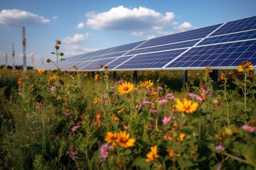 Solar panels in beautiful field of flowers. Sustainability background. Digitally generated AI image.