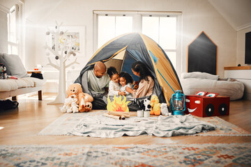Wall Mural - Love, home camping and happy family bonding, relax and enjoy time together having fun in living room. Happiness, tent and youth children playing with mother, father or parents in house adventure
