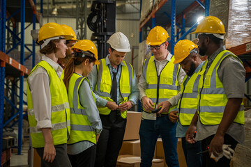 Aufkleber - Warehouse workers are meeting together,Group of multicultural logistics employees working as a team in in a large distribution warehouse.