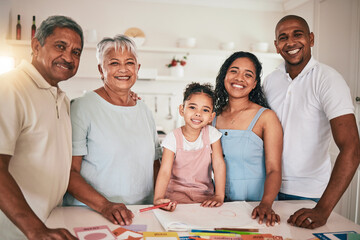 Poster - Child education, home and portrait of happy family helping young kids homework, learning or remote school work. Studying, creative and drawing for youth support from bonding grandparents and parents