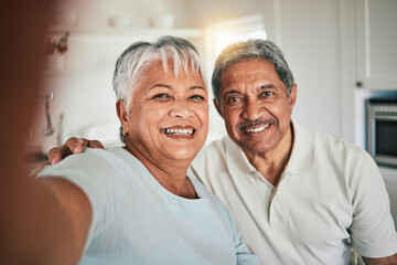 Poster - Happy, smile and elderly couple portrait for selfie, photo or profile picture in their home together. Pose, old people and face of retired seniors having fun, cheerful and excited for video call