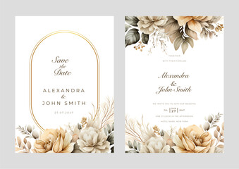 Set of Dry rose Elegant golden brown watercolor flower wedding invitation design template