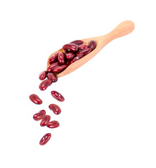 Wall Mural - Red kidney bean falling from wooden scoop isolated on white background.