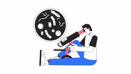 Wall Mural - microscopic analysis animation. animated man looking at microscope 2d cartoon flat colour line chara