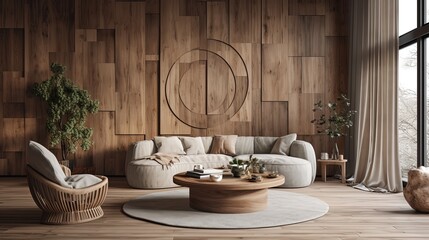 living room interior design with wooden wall and wood furniture, cozy comfort warmth atmosphere, Generative Ai