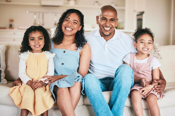 Wall Mural - Family in portrait, parents and happy children relaxing at home in support, love or bonding together on sofa. Happiness, people or living room with relationship or spending quality time on a weekend