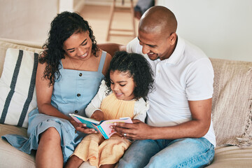 Sticker - Happy family, parents or child reading story book, cartoon comic books and bonding with mom, dad and relax at home. Love, studying or youth kid listening to storytelling for home education learning