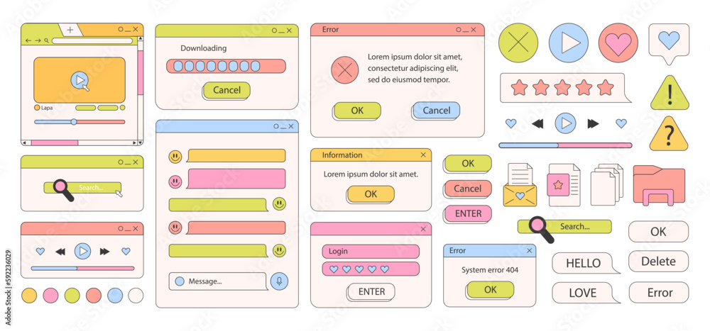 90s retro vaporwave old desktop user interface elements. Cute nostalgic ...