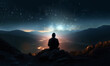 © annebel146 - person silhouette sitting on the top of the mountain meditating or contemplating the starry night with Milky Way and Moon background yoga and meditation silhouette dreamy background