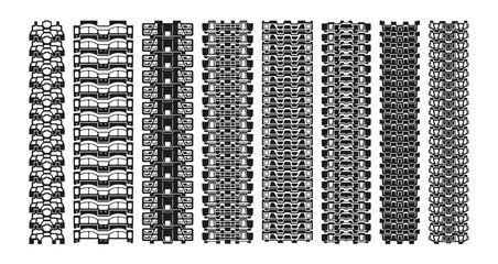 Tank track tread black monochrome ornamental footprint set vector flat illustration