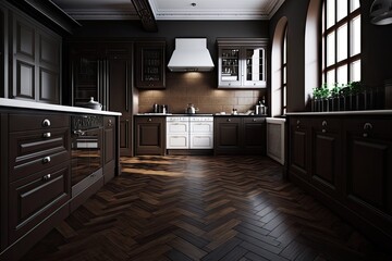 Wall Mural - dark brown hairline on parquet wooden floor with kitchen, created with generative ai