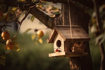 Sticker - birdhouse and feeder hanging from a tree branch, created with generative ai