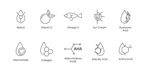 retinol, vitamin c, omega 3, sun cream, hyaluronic acid, niacinamide, collagen, alpha hydroxy acid, amino acid, salicylic acid icon set vector illustration 