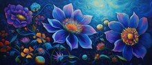 Midnight Blue Purple Moon Flowers In Outdoor Meadow, These Vivid And Colorful Fantasy Florals Only Bloom Once A Year At Twilight - Generative AI.