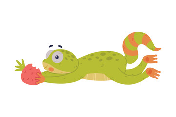 Poster - Funny Green Gecko Character with Bulging Eyes Eating Strawberry Vector Illustration