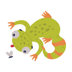 Wall Mural - Funny Green Gecko Character Catching Fly with Tongue Vector Illustration