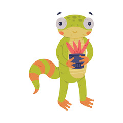 Sticker - Funny Green Gecko Character with Bulging Eyes Holding Houseplant in Pot Vector Illustration