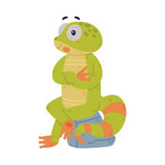 Canvas Print - Funny Green Gecko Character with Bulging Eyes Sitting on Stone Vector Illustration