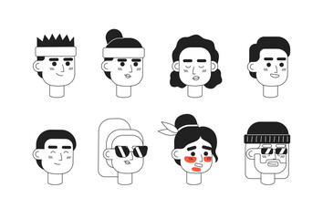 Sticker - Sporty, stylish people monochromatic flat vector character heads pack. Editable black white cartoon face emotions. Hand drawn lineart ink spot illustrations bundle for web graphic design, animation