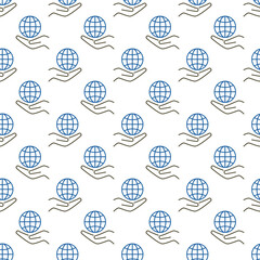 Sticker - Hand with Globe vector concept outline seamless pattern