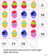 Sum box mathematics for children with easter eggs characters flat vector illustration. Find a value of each egg.