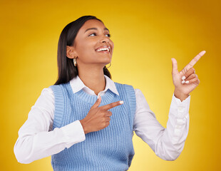 Sticker - Woman, portrait and gun fingers in a studio pointing with emoji hand gesture with a smile. Happiness, business female and happy youth with proud and cool hands sign in isolated yellow background