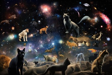Wall Mural - cosmic zoo, with a herd of felines walking among the stars, created with generative ai