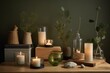 Sustainable Home: Eco-friendly home products like upcycled vases and recycled glass candle holders arranged on a wooden table.