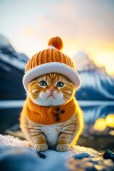 Sticker - Orange and white cat wearing knitted hat, scarf, and sweater. Generative AI.