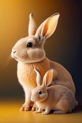 Wall Mural - Couple of rabbits sitting next to each other on top of table. Generative AI.