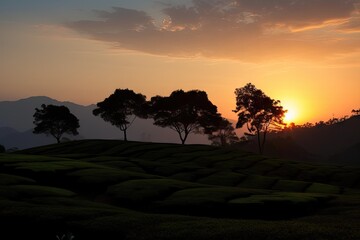 Wall Mural - tea plantation sunset, with silhouette of mountains in the background, created with generative ai