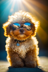 Sticker - Small dog wearing sunglasses on top of wooden table in the sun. Generative AI.