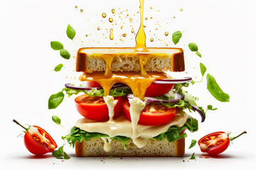 Sticker - Sandwich with cheese, tomatoes, lettuce, onions and tomatoes. Generative AI.