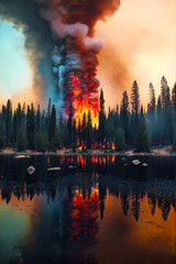 Sticker - Large plume of smoke rising from forest over body of water. Generative AI.