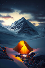 Canvas Print - Tent in the snow with mountain in the background and stream in the foreground. Generative AI.