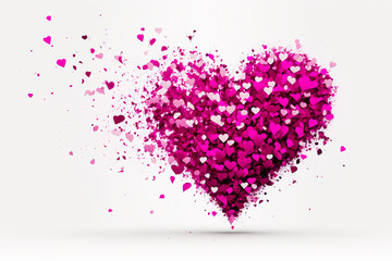 Poster - Pink heart made of small hearts on white background with pink and red sprinkles. Generative AI.